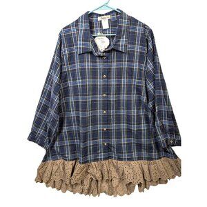 Paisley Vine Women Plus 2XL Plaid Long Sleeve Eyelet Ruffle Lace Shirt Button Up